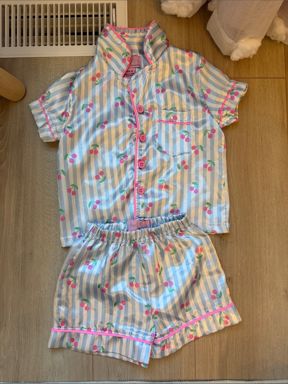 Freestyle Blue and White Stripe Cherry Short Pajama Set with Pink Trim